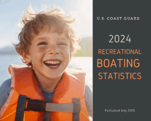 Royalty-free image - A smiling young child wearing an orange life jacket is outdoors near water. Text on the image reads “2024 Recreational Boating Statistics,” published by the U.S. Coast Guard in July 2025.