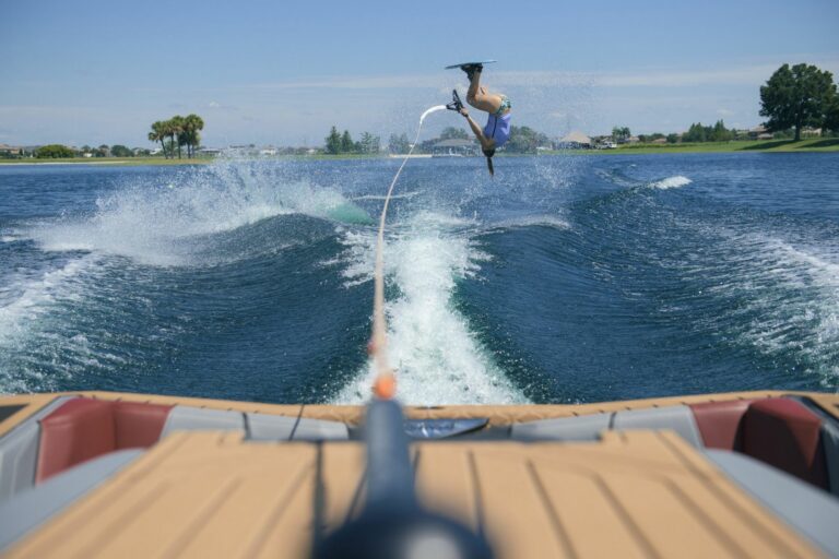 Royalty free photo of inverted female water skier