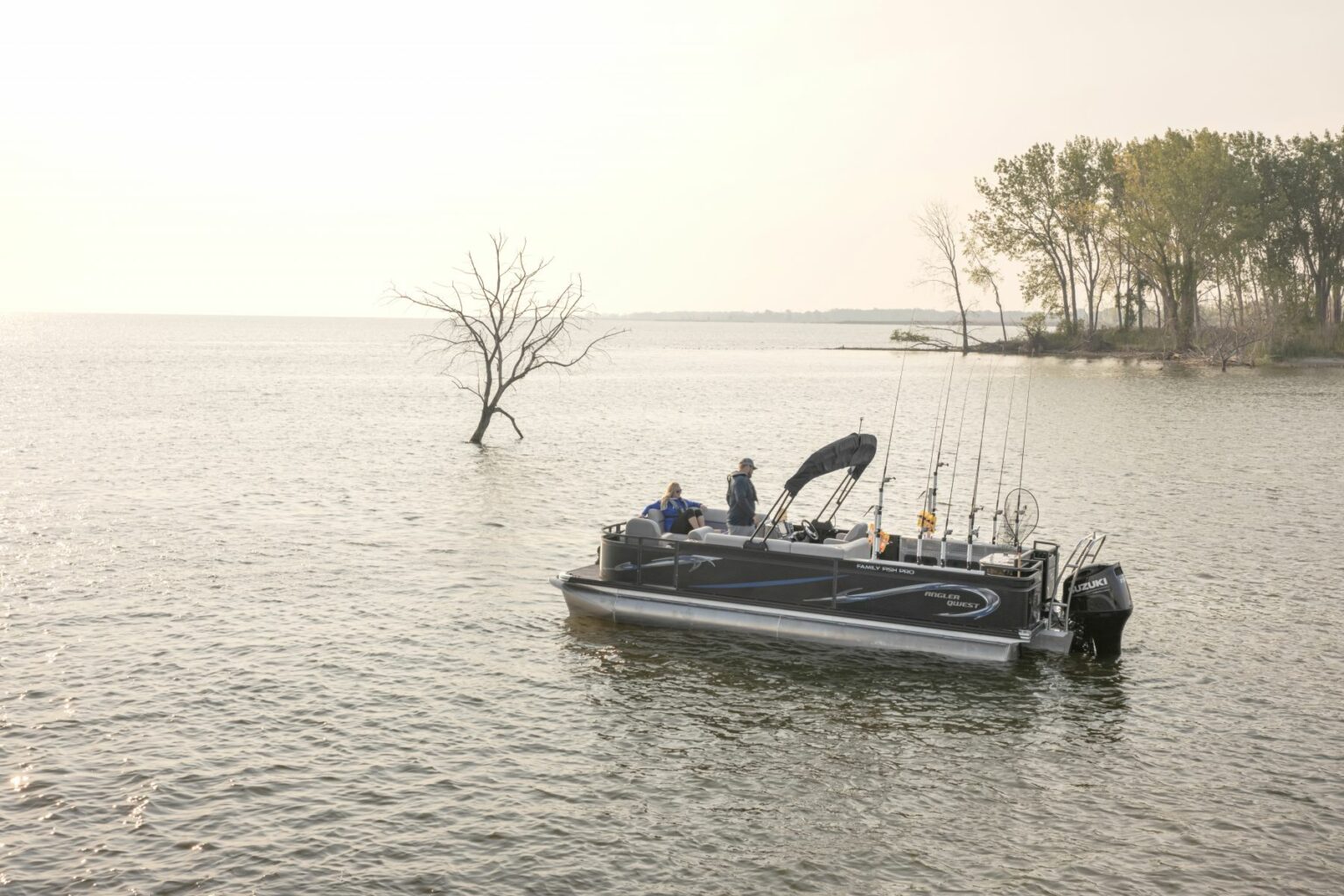 License-free image A black fishing boat with people on it is afloat on a wide, calm lake. Fishing rods are aligned at the back of the boat. Nearby, a half-submerged bare tree stands in the water. A cluster of green trees is visible on the far right shore under a hazy sky.