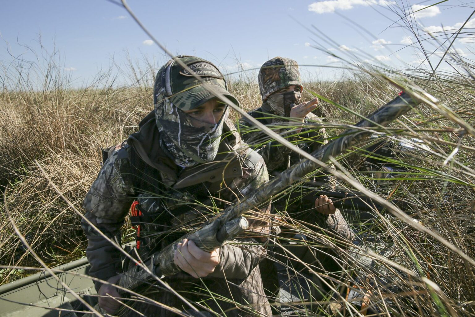 Royalty-free image - Two camouflaged hunters in marshland, partially hidden by tall grass. They are holding rifles and wearing masks, blending into the environment under a clear blue sky. Hunting from a jon boat in the marsh along the St. Johns River near Christmas, Florida.