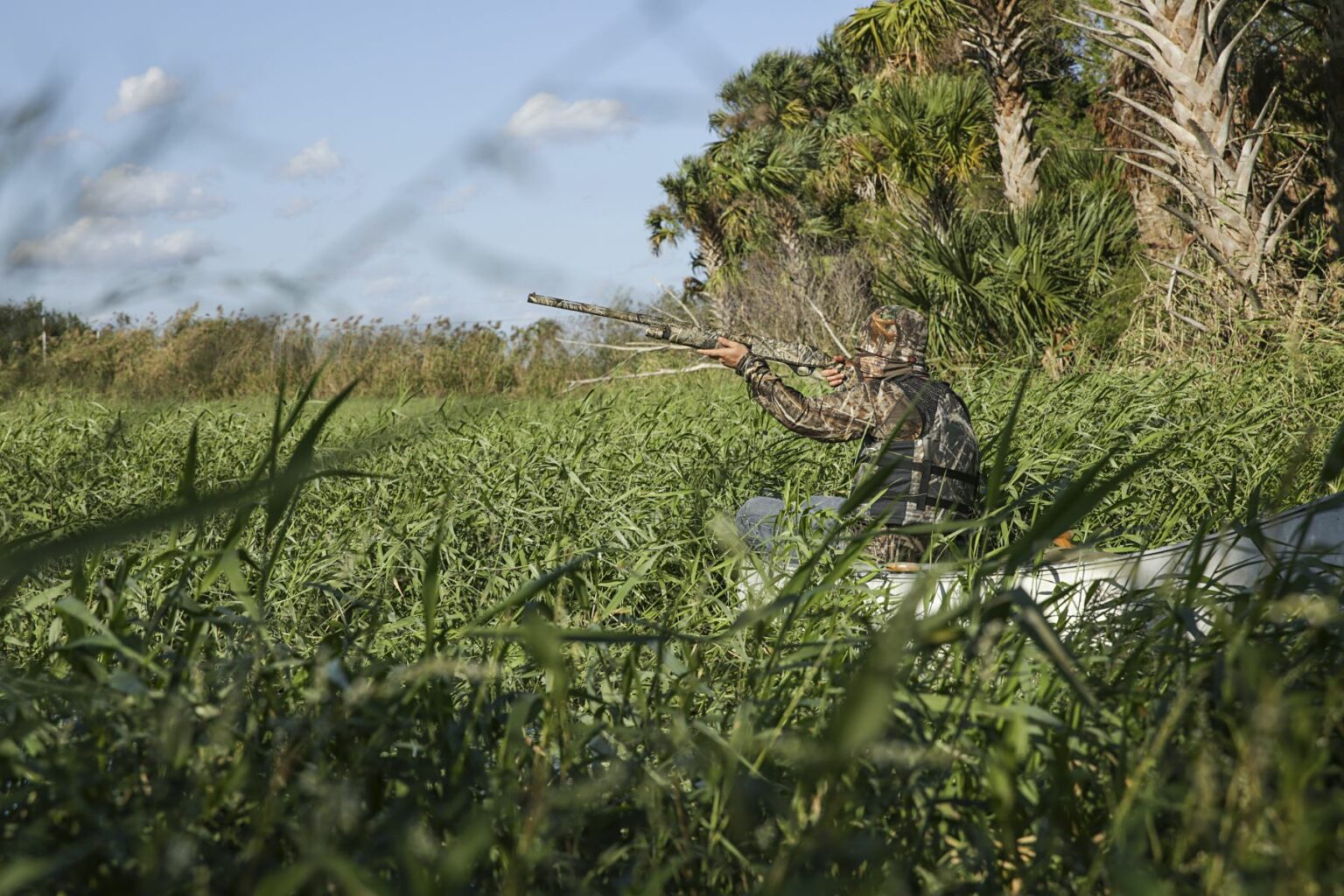 Royalty-free image - A person in camouflage attire is standing among tall grasses, aiming a rifle in a lush, green landscape. Palm trees and a partly cloudy sky are visible in the background. Hunting from a canoe on the St. Johns River near Christmas, Florida.