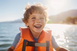 Royalty-free image - A young boy with curly hair, wearing a bright orange kid’s life jacket, smiles brightly while sitting on a boat. The sun is shining, and a calm body of water with a distant shoreline is visible in the background.